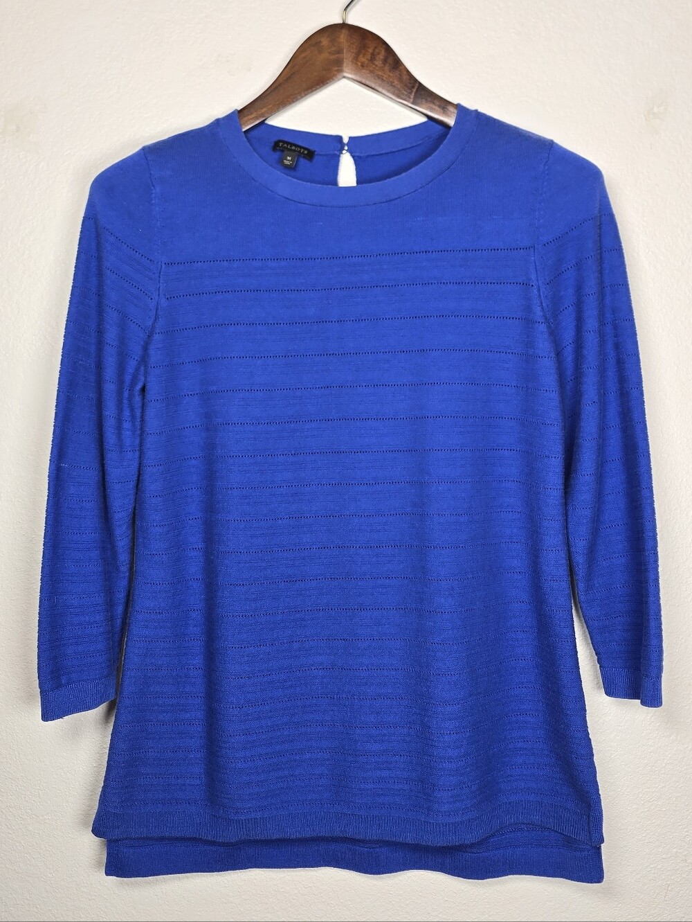 Talbots Cobalt Blue Pointelle 3/4 Sleeve Knit Crewneck Sweater - Size M